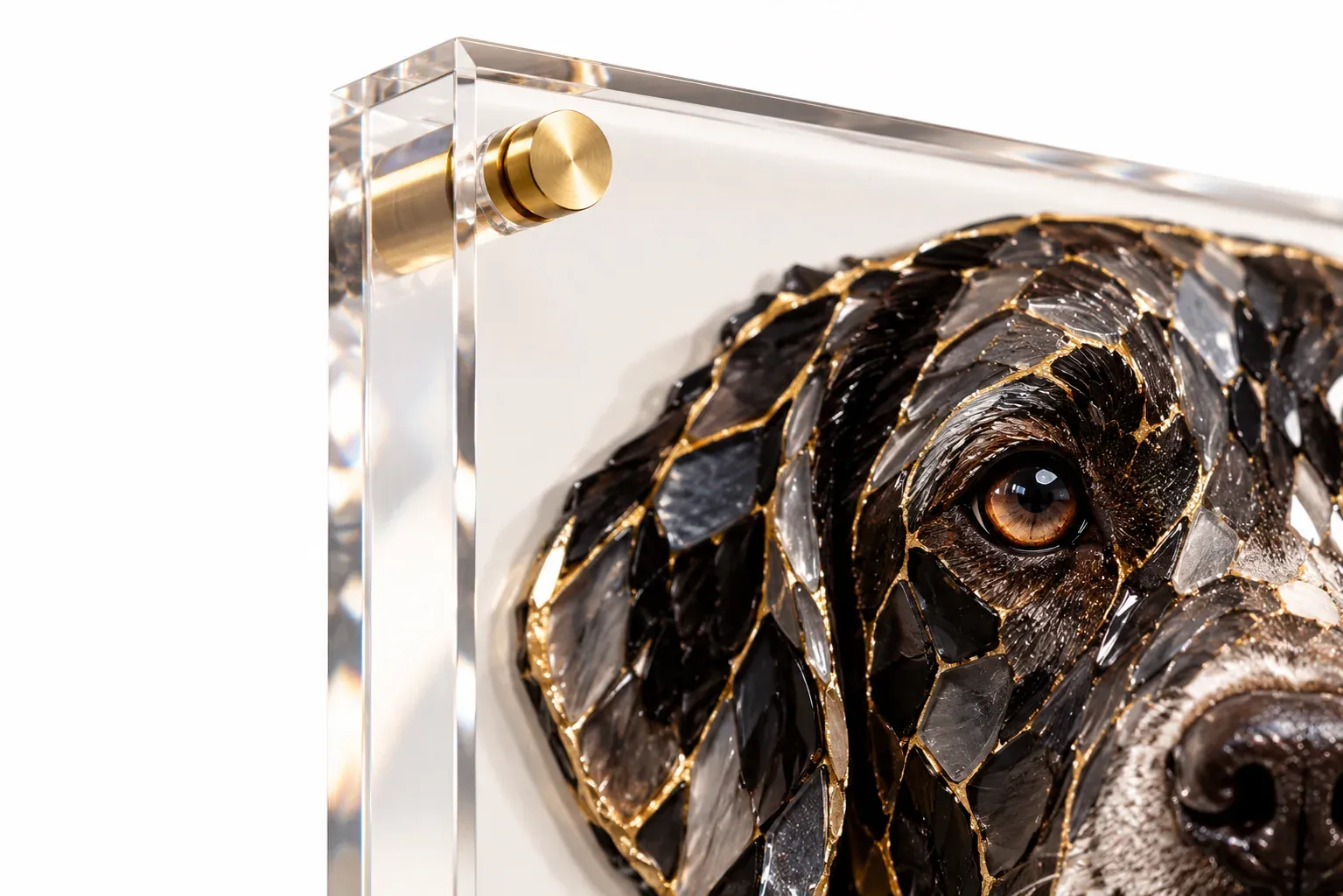 Close-up of the clear acrylic block's corner and brass standoff, with a black Labrador's eye made of glossy black and smoky shards joined by gold seams