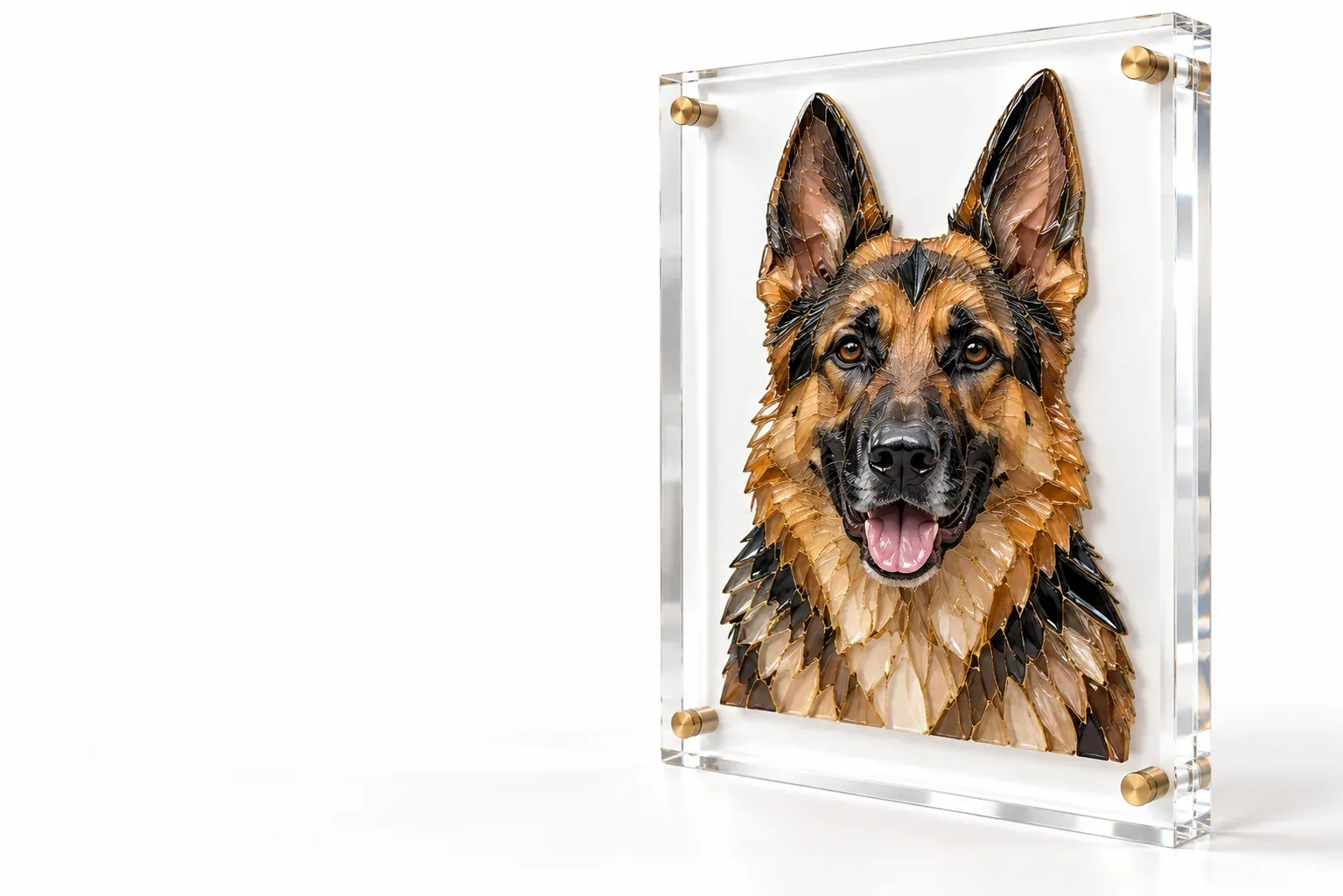 A German shepherd portrait made of glossy amber and black shards with fine gold seams, set in a thick clear acrylic block with brass standoffs, standing on white