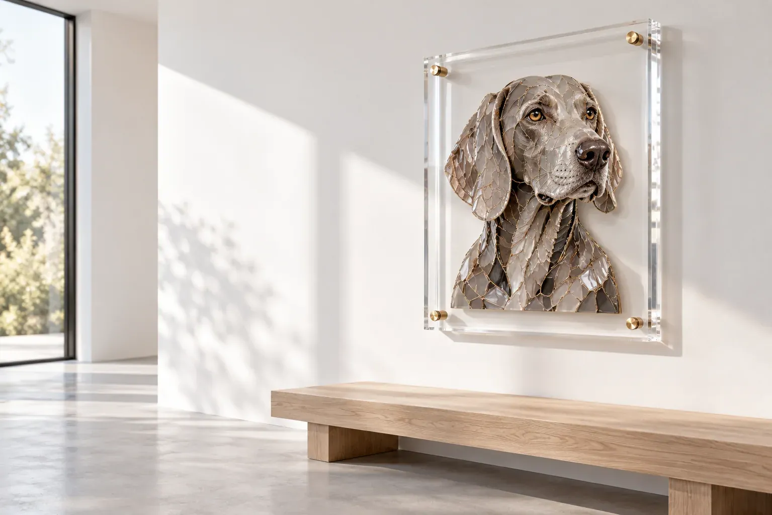 A white gallery room with a Weimaraner mosaic portrait in a clear acrylic block on the wall above an oak bench