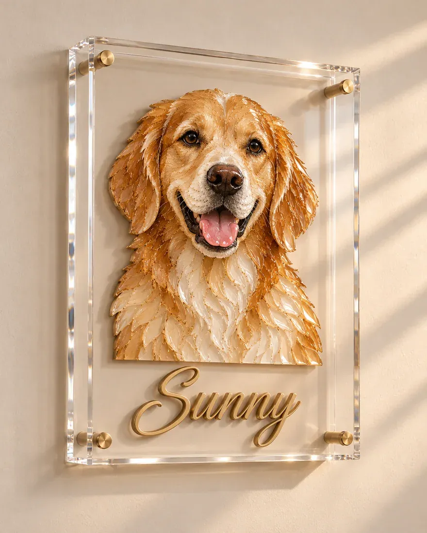Sunny the golden retriever as a mosaic portrait of glossy shards in a clear acrylic block, her name in gold script underneath