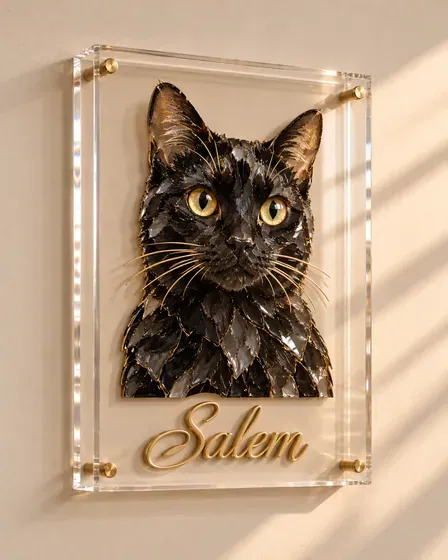 Salem, black cat, as a mosaic portrait in a clear acrylic block