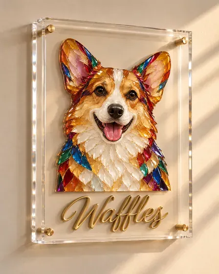 Waffles, corgi, as a mosaic portrait in a clear acrylic block