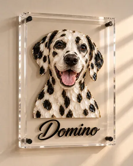 Domino, dalmatian, as a mosaic portrait in a clear acrylic block