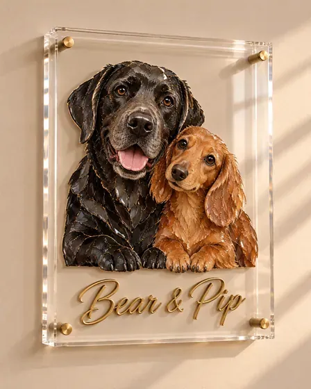 Bear & Pip, lab + dachshund, as a mosaic portrait in a clear acrylic block