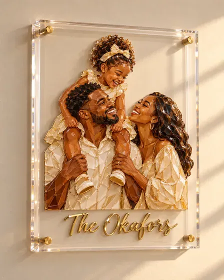 The Okafors, family of three, as a mosaic portrait in a clear acrylic block