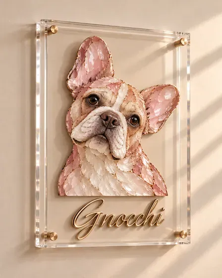 Gnocchi, French bulldog, as a mosaic portrait in a clear acrylic block