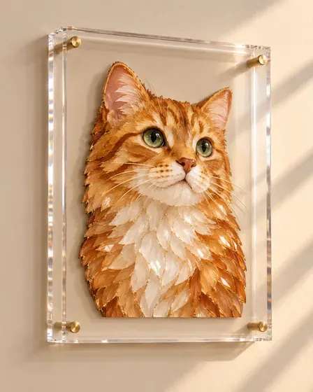 Marmalade, ginger tabby, as a mosaic portrait in a clear acrylic block