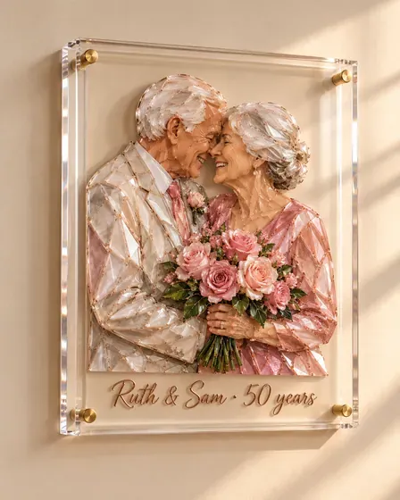 Ruth & Sam, 50 years married, as a mosaic portrait in a clear acrylic block