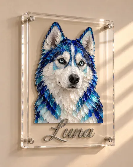 Luna, husky, as a mosaic portrait in a clear acrylic block