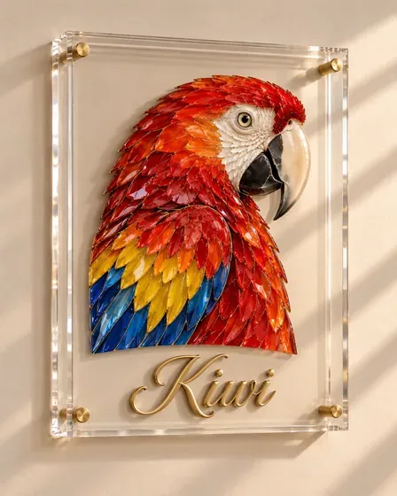 Kiwi, scarlet macaw, as a mosaic portrait in a clear acrylic block