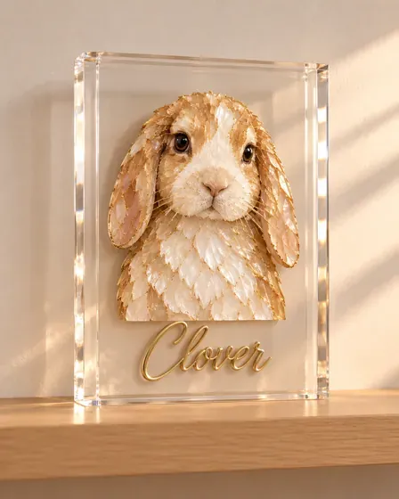 Clover, lop rabbit, as a mosaic portrait in a clear acrylic block