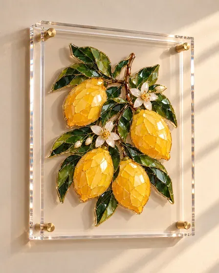 Lemon Branch: Four ripe lemons and two blossoms.