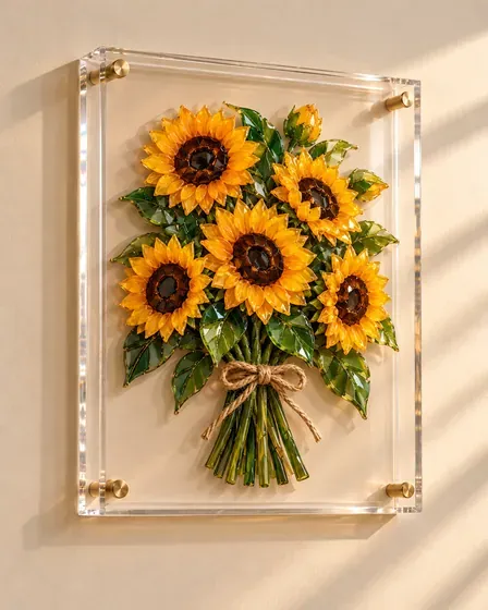 A bouquet of sunflowers tied with twine, made of glossy yellow, amber and green shards in a clear acrylic block with brass standoffs on a warm wall