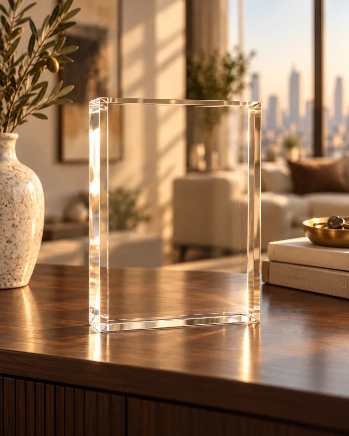An empty freestanding clear acrylic block on a walnut sideboard in golden light