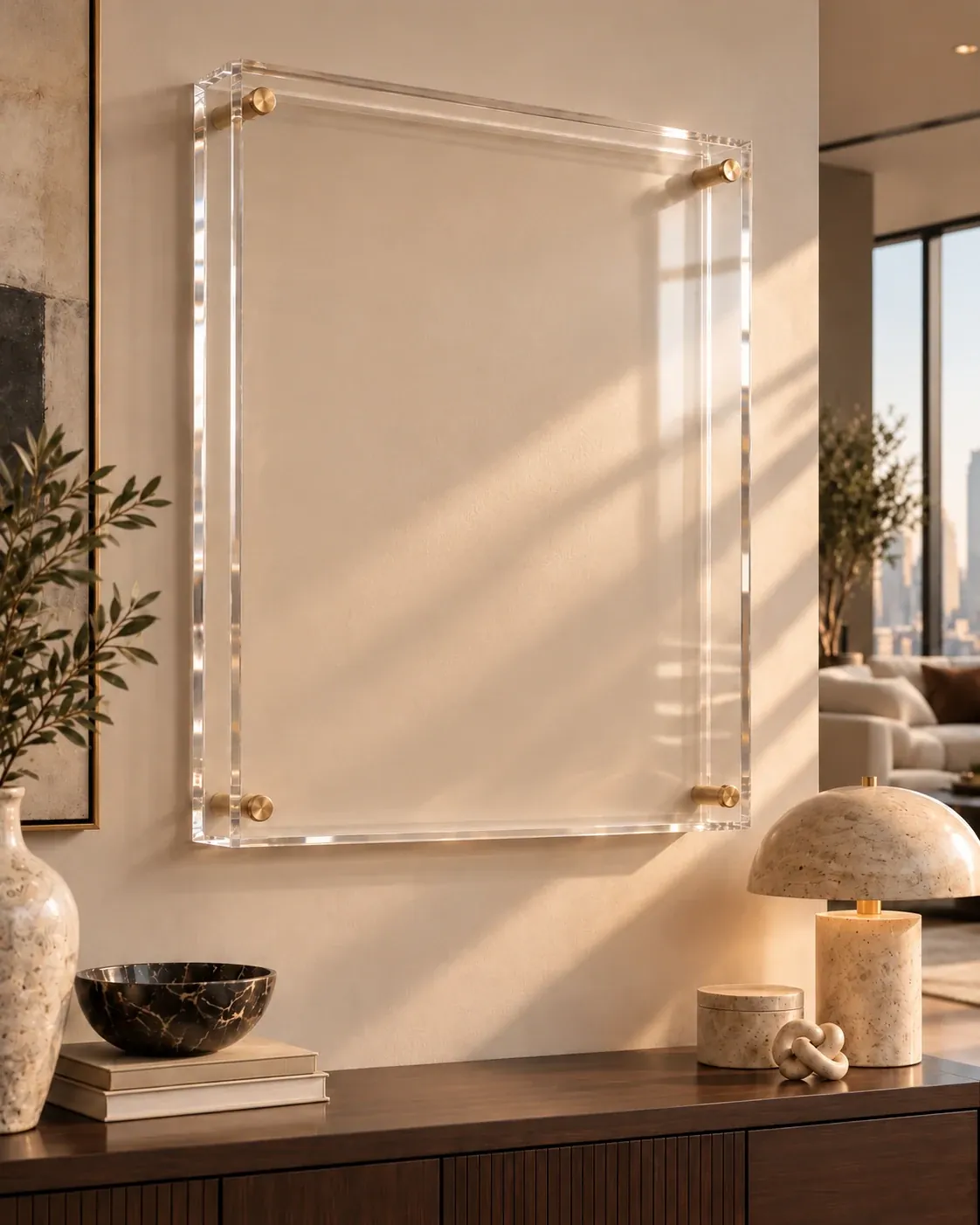 An empty clear acrylic block with brass standoffs on a warm wall above a walnut sideboard
